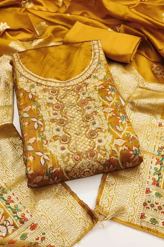 Women's mustard handwork dress material