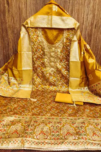 Women's mustard handwork dress material