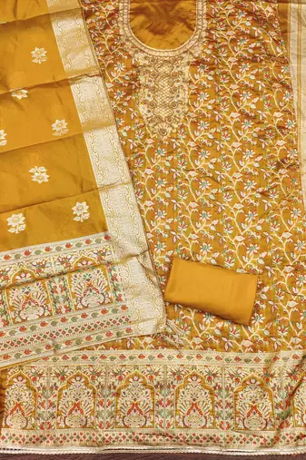 Women's mustard handwork dress material