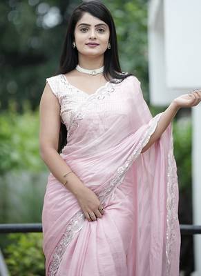 Light Pink With Zari Weaving Line Chiffon Saree 1