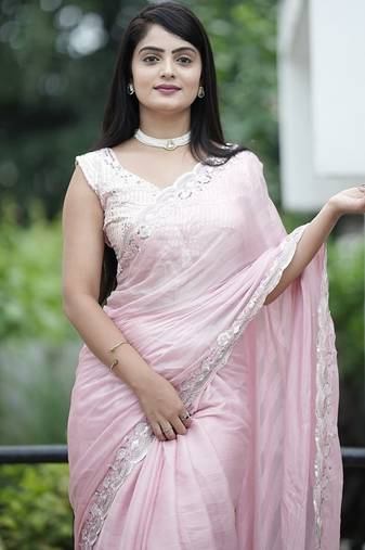 Light Pink With Zari Weaving Line Chiffon Saree