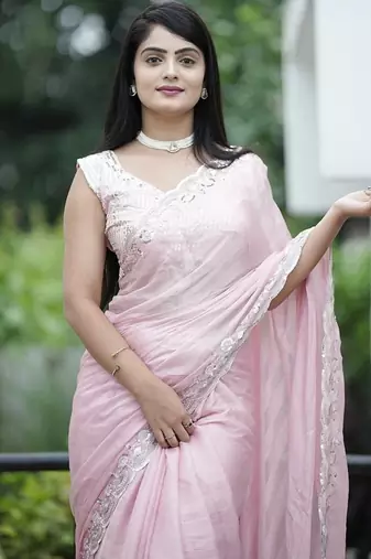 Light Pink With Zari Weaving Line Chiffon Saree