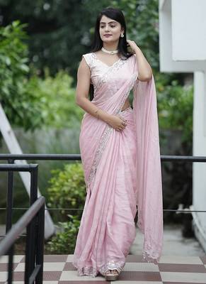 Light Pink With Zari Weaving Line Chiffon Saree 2