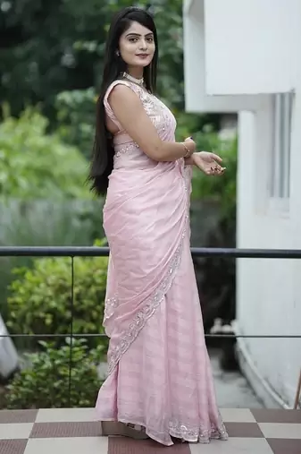 Light Pink With Zari Weaving Line Chiffon Saree