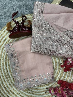 Light Pink With Zari Weaving Line Chiffon Saree 4