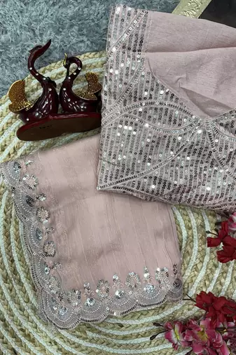 Light Pink With Zari Weaving Line Chiffon Saree