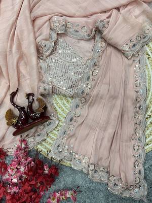 Light Pink With Zari Weaving Line Chiffon Saree 5