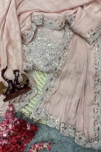 Light Pink With Zari Weaving Line Chiffon Saree