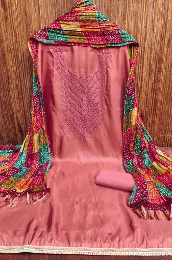 Women's pink embroidered dress material