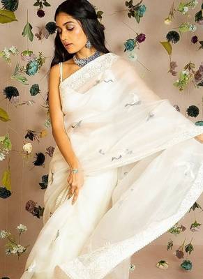 White MuliThread Embroidered Tabby silk blend Saree 1