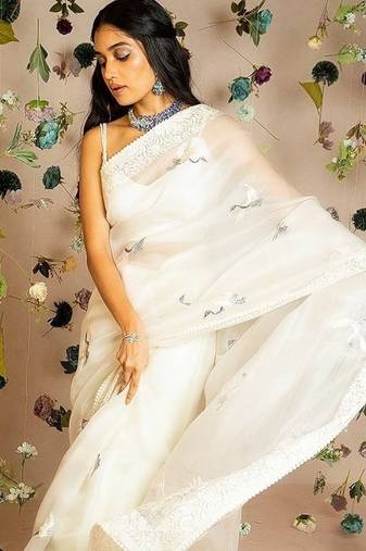White MuliThread Embroidered Tabby silk blend Saree
