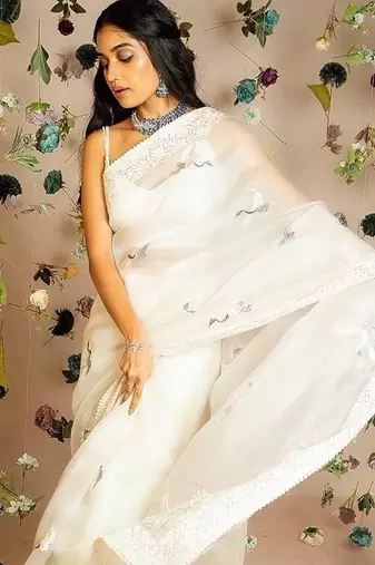 White MuliThread Embroidered Tabby silk blend Saree