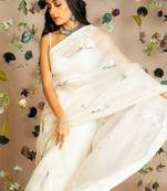 White MuliThread Embroidered Tabby silk blend Saree