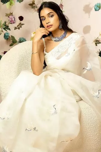 White MuliThread Embroidered Tabby silk blend Saree