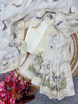 White MuliThread Embroidered Tabby silk blend Saree 4