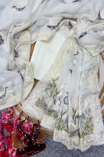 White MuliThread Embroidered Tabby silk blend Saree