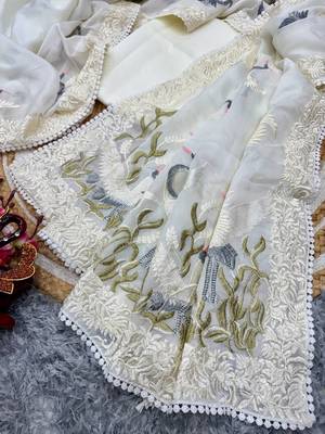 White MuliThread Embroidered Tabby silk blend Saree 5