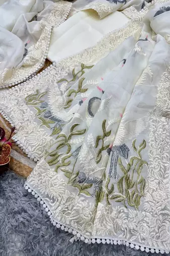 White MuliThread Embroidered Tabby silk blend Saree