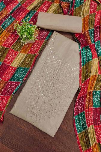 beige cotton dress material with embroidered design