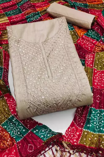beige cotton dress material with embroidered design