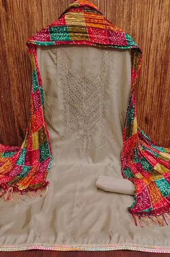 beige cotton dress material with embroidered design