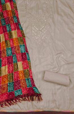 beige cotton dress material with embroidered design 4