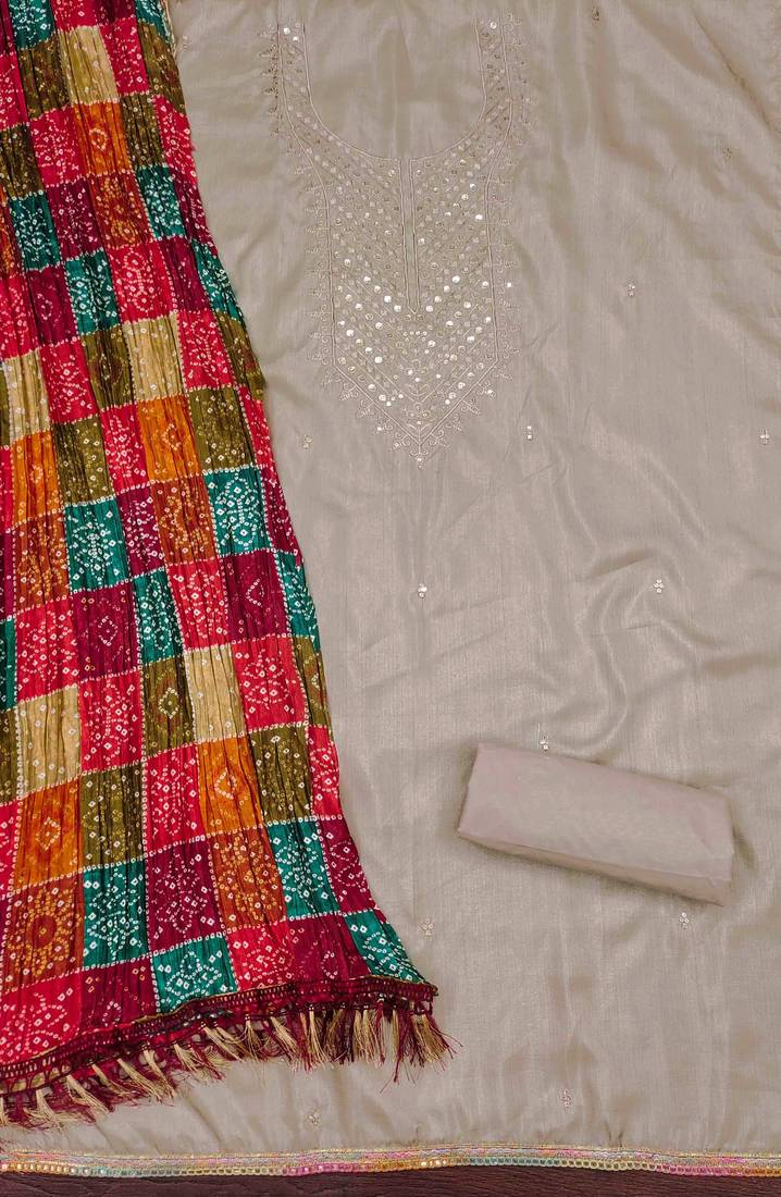 Women's beige embroidered dress material