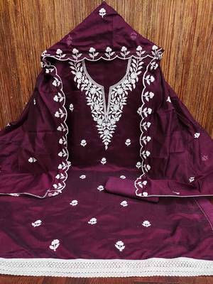 Women's wine embroidered dress material 3