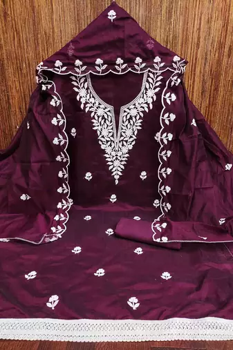 Women's wine embroidered dress material