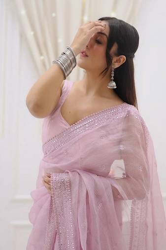 Pink sequin And Thread Embroidered Kota Chex Saree