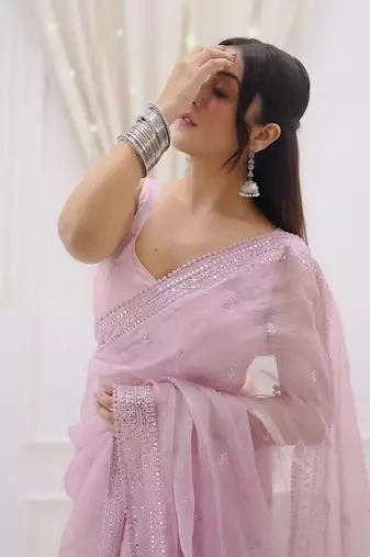 Pink sequin And Thread Embroidered Kota Chex Saree