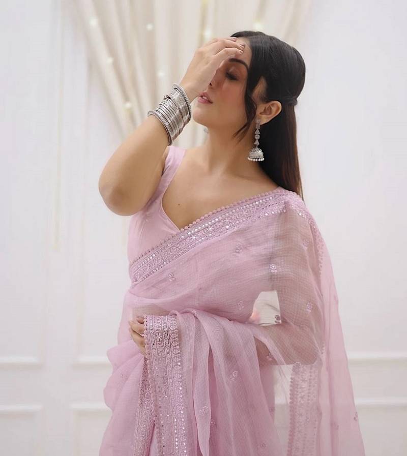 Pink sequin And Thread Embroidered Kota Chex Saree