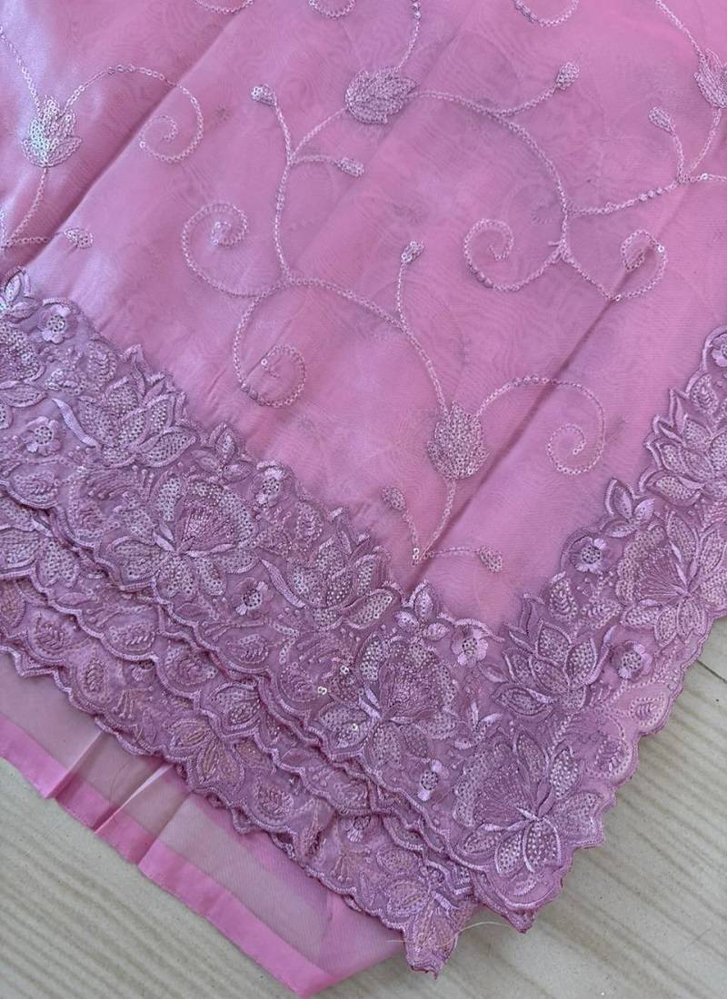 Pink sequin And Thread Embroidered Kota Chex Saree