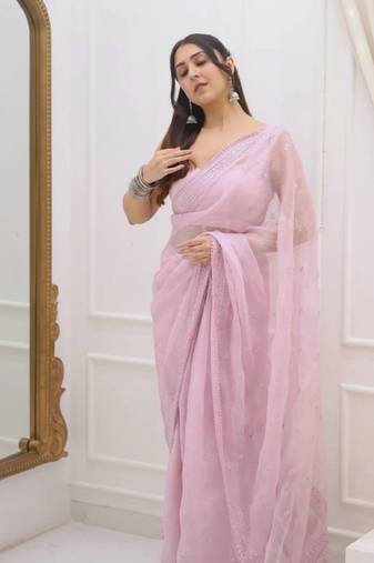 Pink sequin And Thread Embroidered Kota Chex Saree