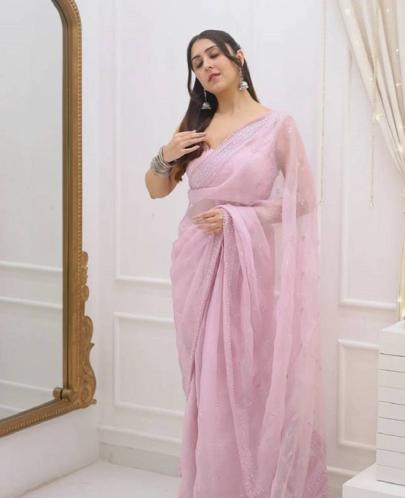 Pink sequin And Thread Embroidered Kota Chex Saree