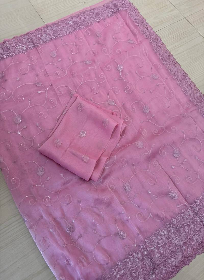 Pink sequin And Thread Embroidered Kota Chex Saree