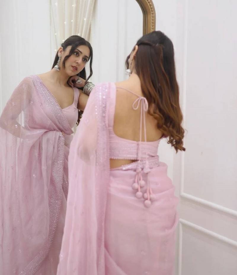 Pink sequin And Thread Embroidered Kota Chex Saree