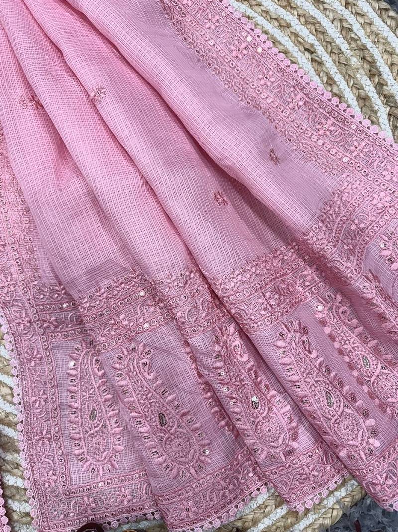 Pink sequin And Thread Embroidered Kota Chex Saree