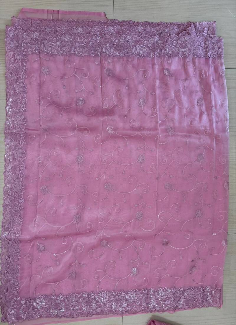 Pink sequin And Thread Embroidered Kota Chex Saree