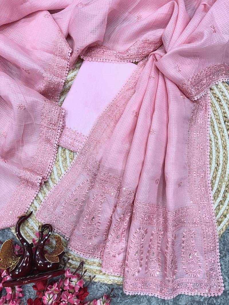 Pink sequin And Thread Embroidered Kota Chex Saree