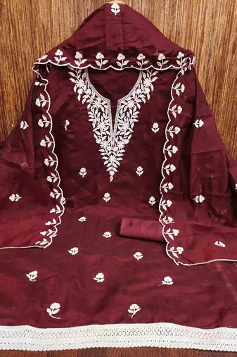 Women's maroon embroidered dress material