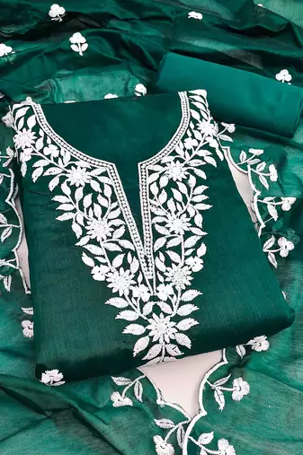 Women's dark green embroidered dress material