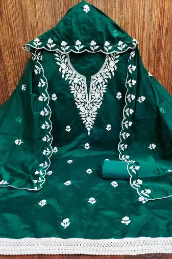 Women's dark green embroidered dress material