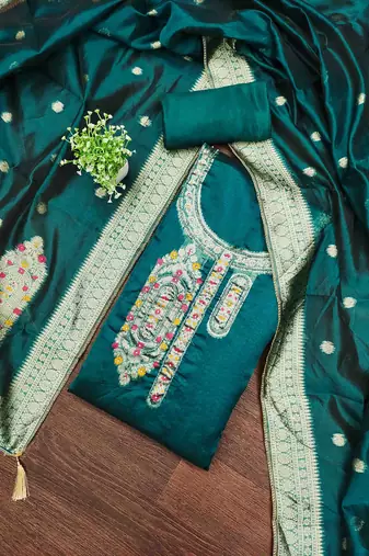 Women's teal handwork dress material