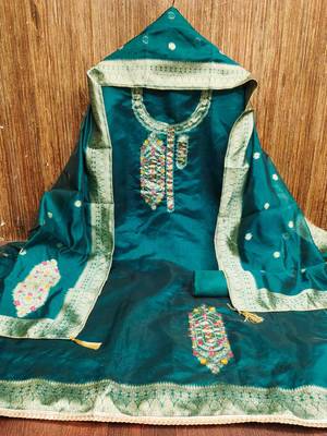 Women's teal handwork dress material 3
