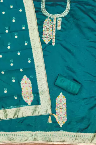 Women's teal handwork dress material
