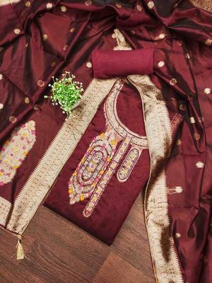 Women's maroon handwork dress material 2