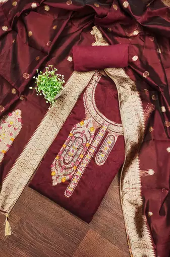 Women's maroon handwork dress material