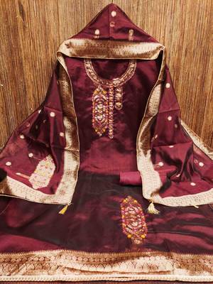 Women's maroon handwork dress material 3