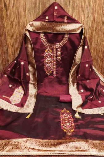 Women's maroon handwork dress material